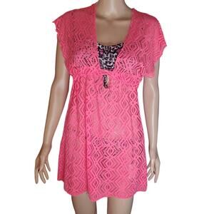 Becca Crochet Swim Cover Up Dress XS Neon Pink Boho Beach Back Tie Festival